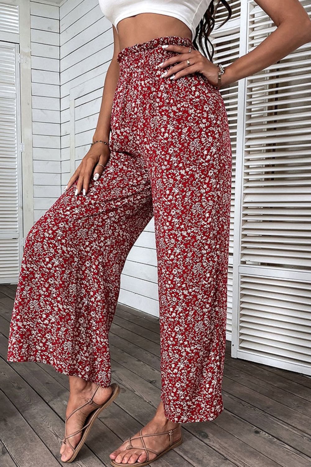 Ditsy Floral Slit Paperbag Waist Wide Leg Pants - Runway Frenzy