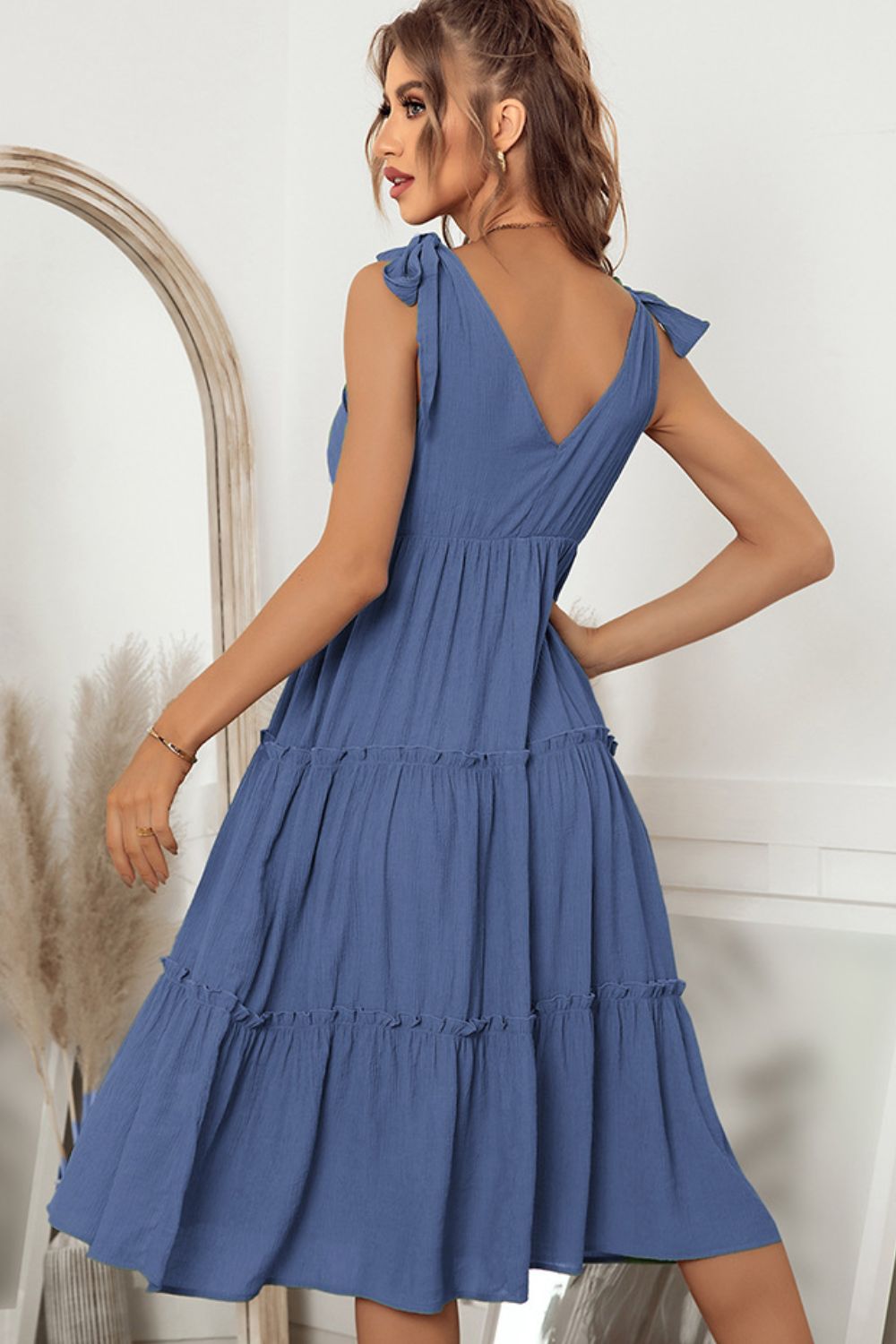 Tie Shoulder V-Neck Tiered Dress - Runway Frenzy 