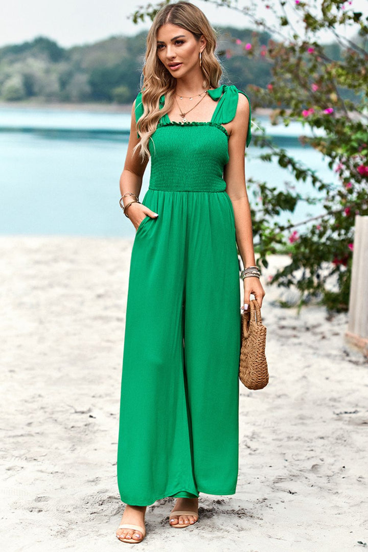 Frill Trim Tie Shoulder Wide Leg Jumpsuit with Pockets - Runway Frenzy