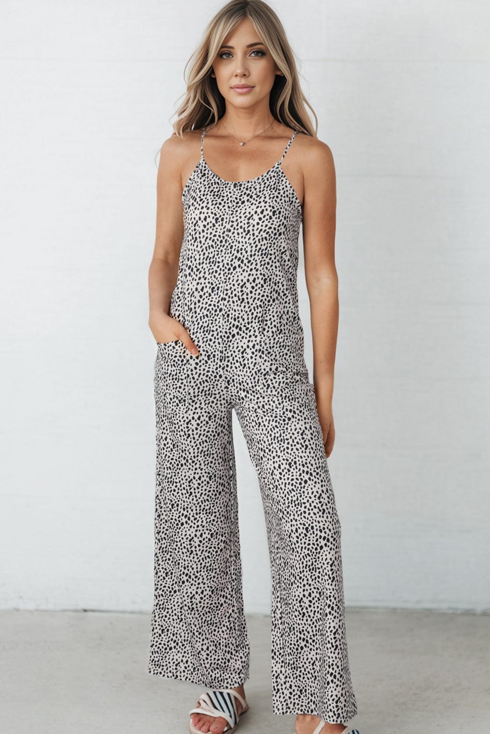 Printed Spaghetti Strap Jumpsuit with Pockets - Runway Frenzy