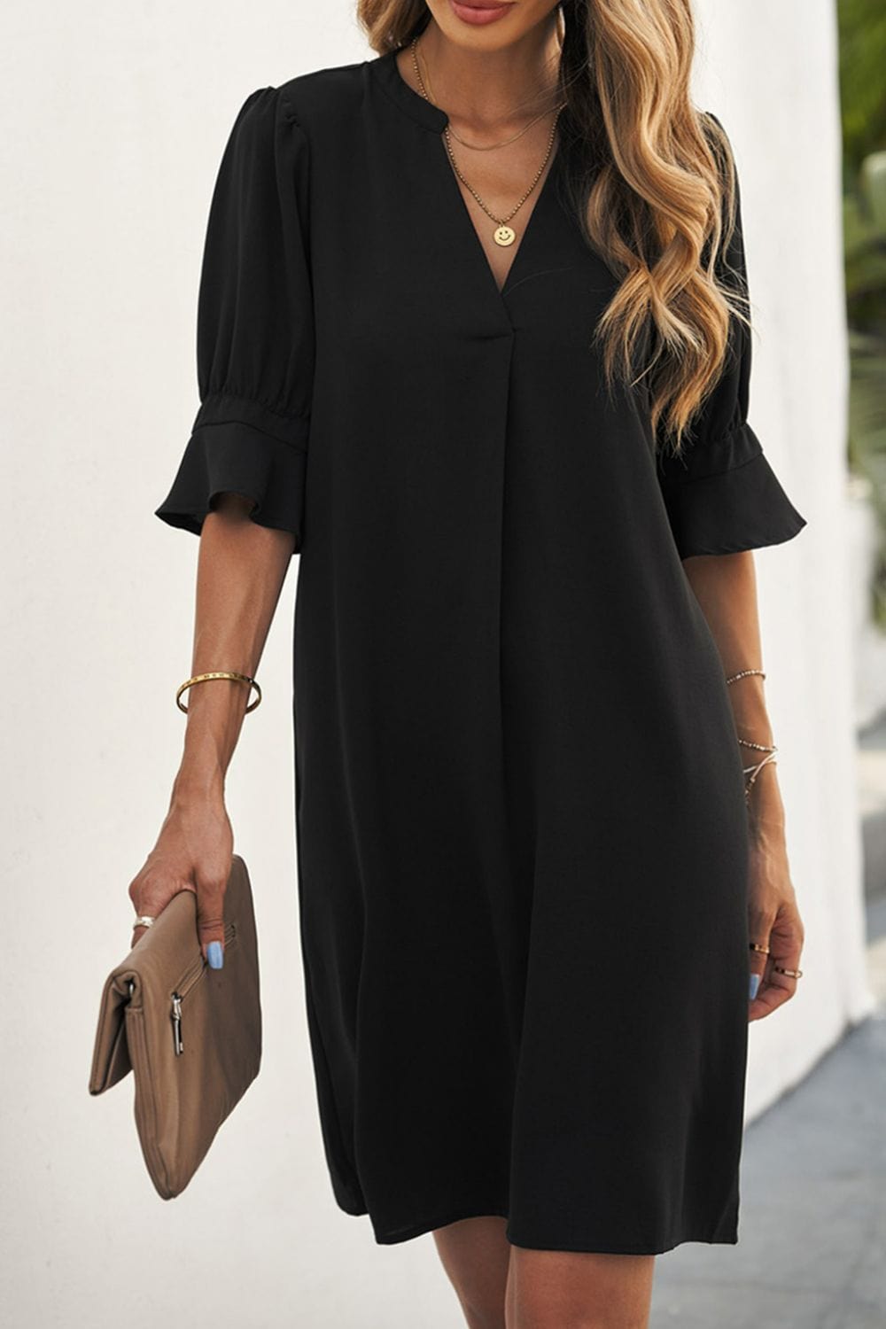 Puff Sleeve Notched Mini Shift Dress - Runway Frenzy 