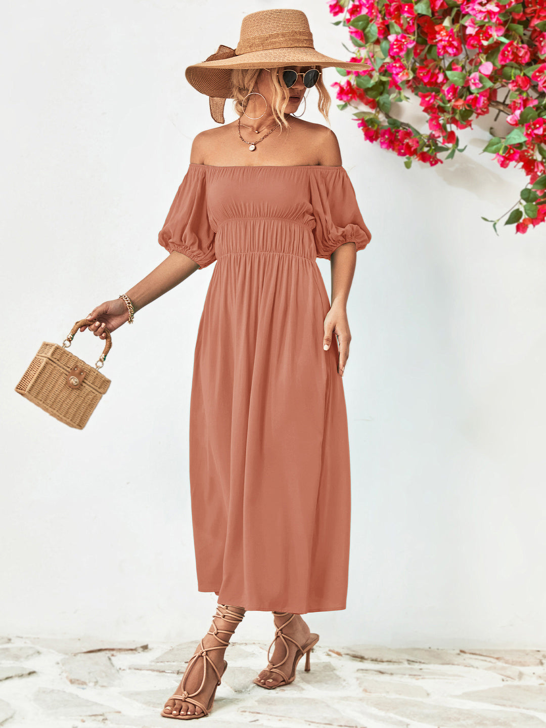 Off-Shoulder Balloon Sleeve Midi Dress - Runway Frenzy 