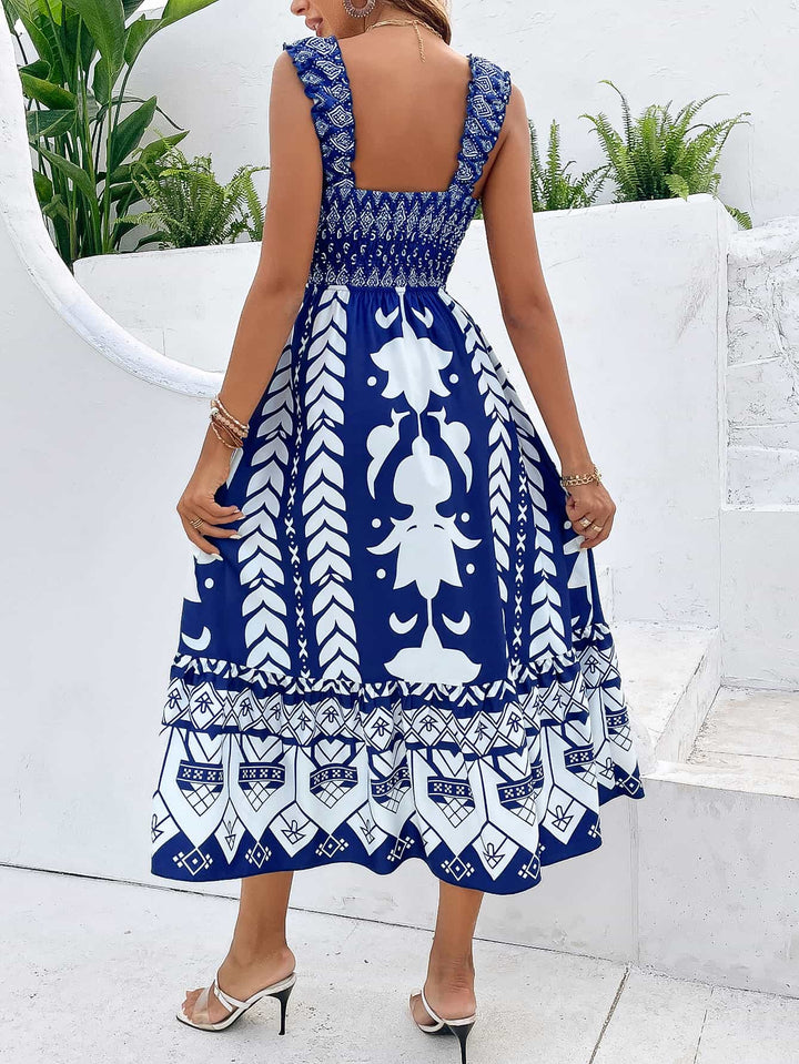 Printed Square Neck Sleeveless Midi Dress - Runway Frenzy