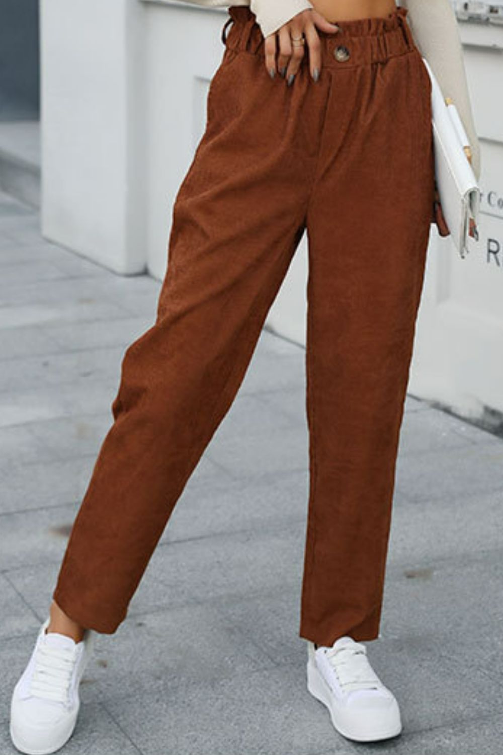 Paperbag Waist Straight Leg Pants with Pockets - Runway Frenzy 