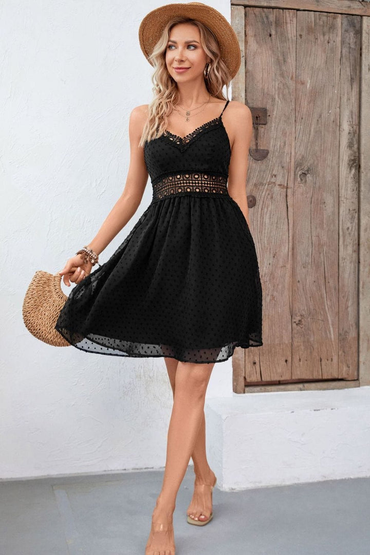 Swiss Dot Spaghetti Strap Spliced Lace Dress - Runway Frenzy