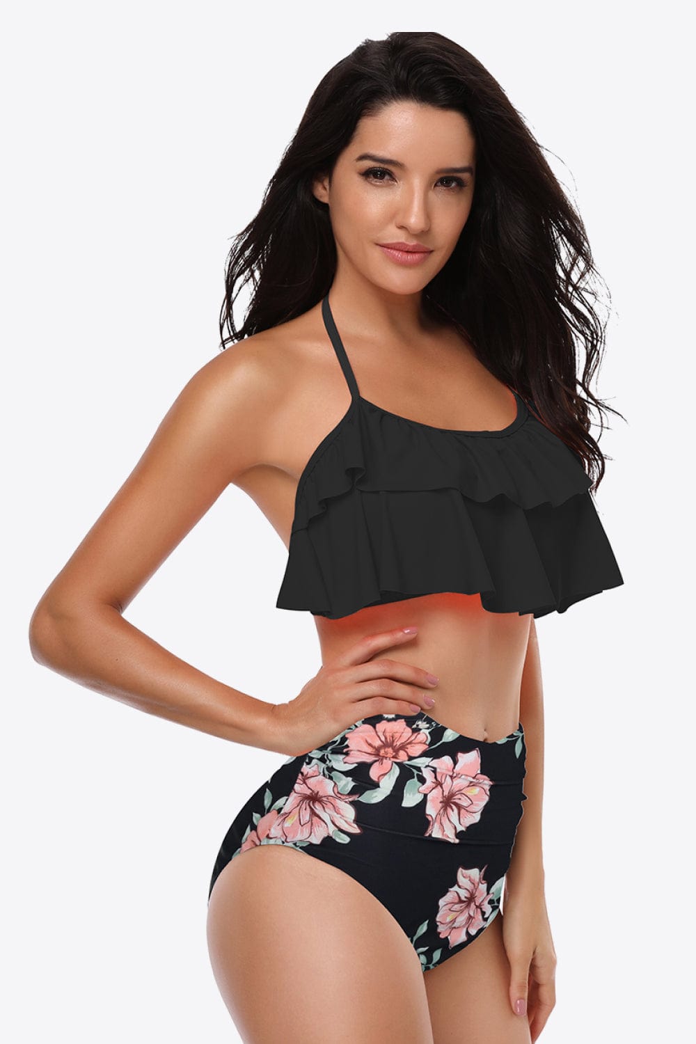 Two-Tone Ruffled Halter Neck Two-Piece Swimsuit - Runway Frenzy 