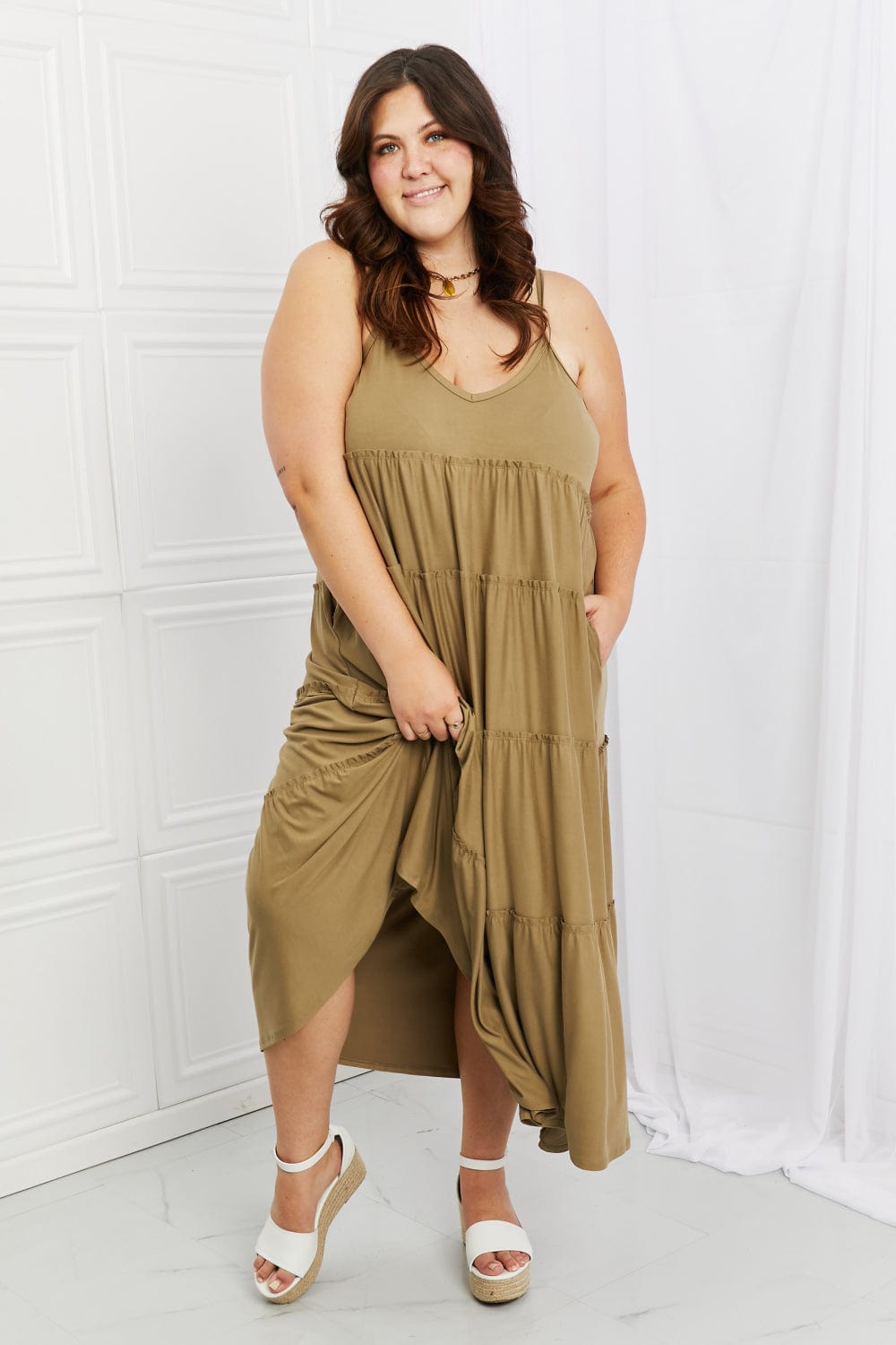 Zenana Full Size Spaghetti Strap Tiered Dress with Pockets in Khaki - Runway Frenzy 