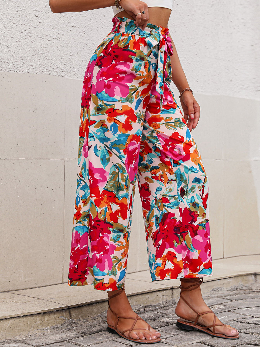 Floral Tie Belt Wide Leg Pants - Runway Frenzy