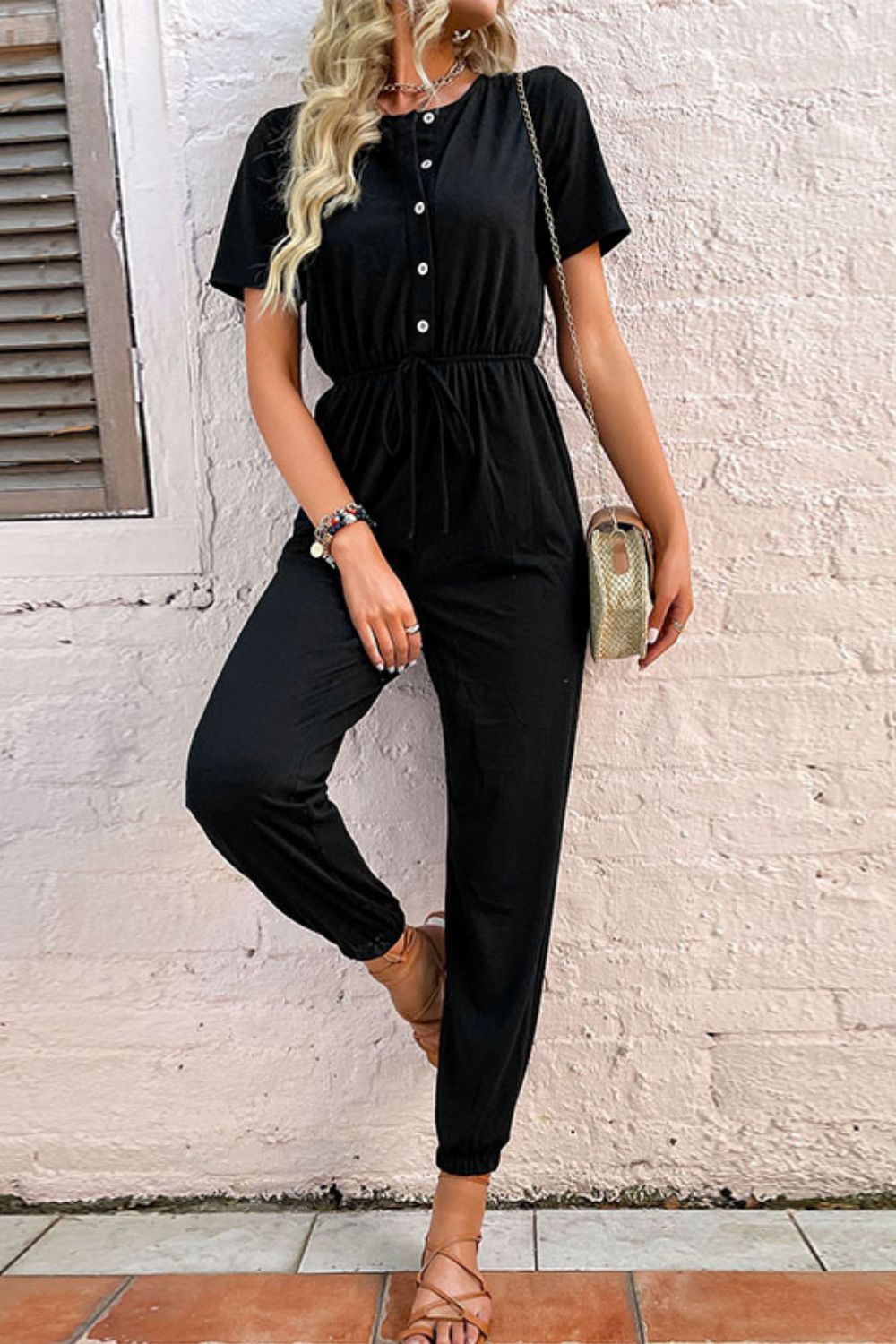 Button Front Short Sleeve Jogger Jumpsuit - Runway Frenzy