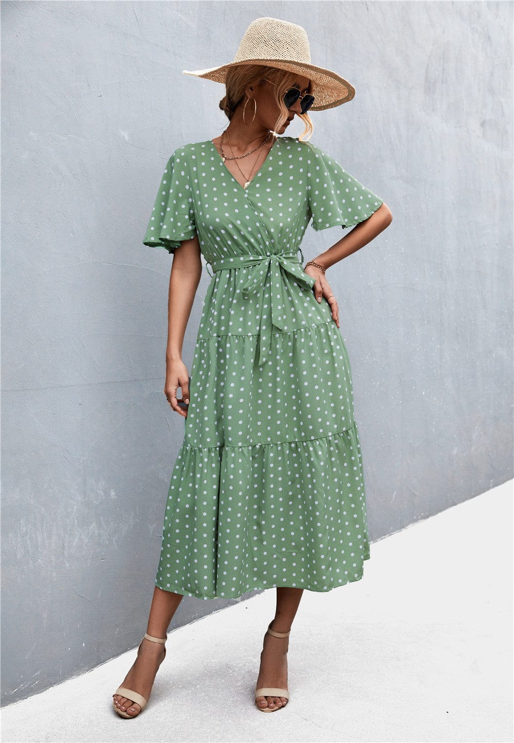 Printed V-Neck Flutter Sleeve Belted Dress - Runway Frenzy