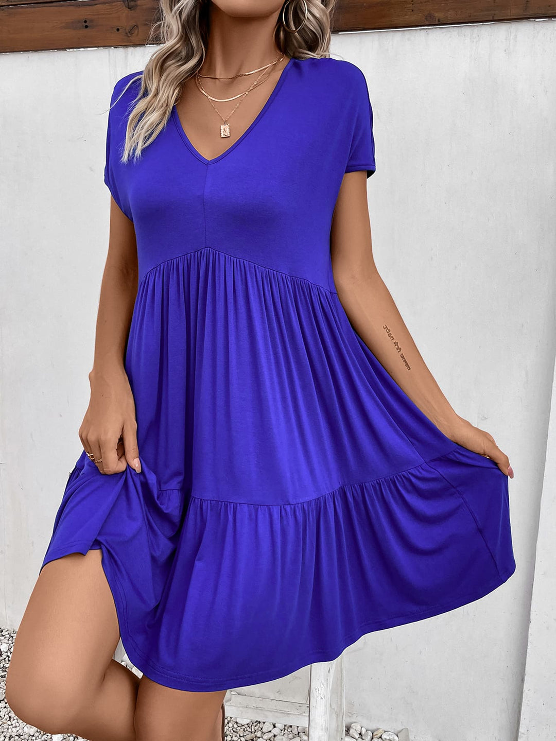 V-Neck Short Sleeve Dress with Pockets - Runway Frenzy 