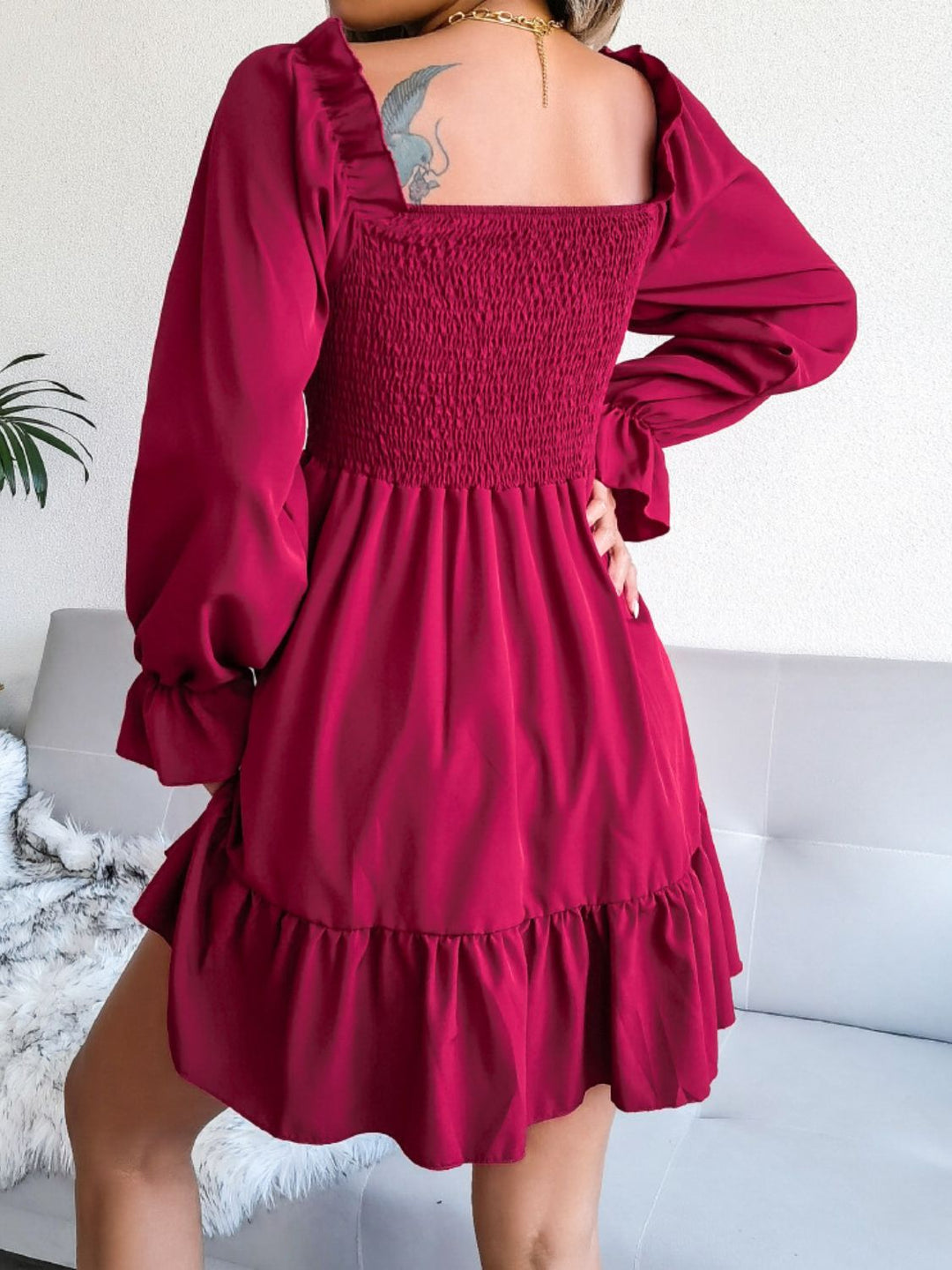 Smocked Flounce Sleeve Square Neck Dress - Runway Frenzy 