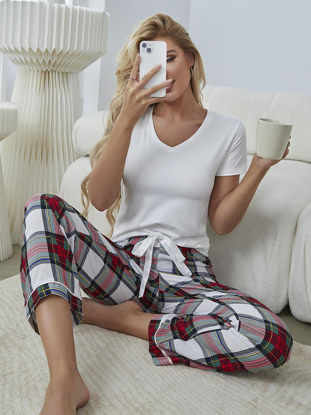 V-Neck Tee and Plaid Pants Lounge Set - Runway Frenzy 