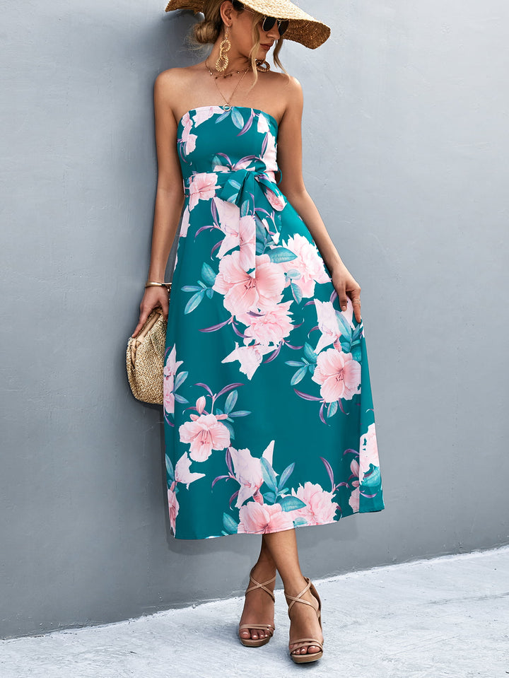 Floral Print Tie Waist Straight Neck Midi Dress - Runway Frenzy