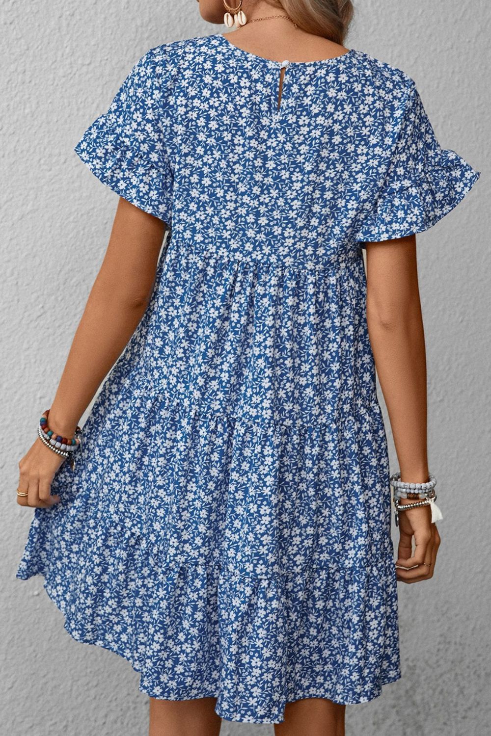 Floral Round Neck Flounce Sleeve Dress - Runway Frenzy