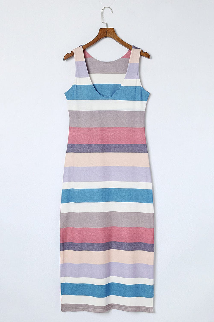 Striped Slit Sleeveless Maxi Dress - Runway Frenzy 