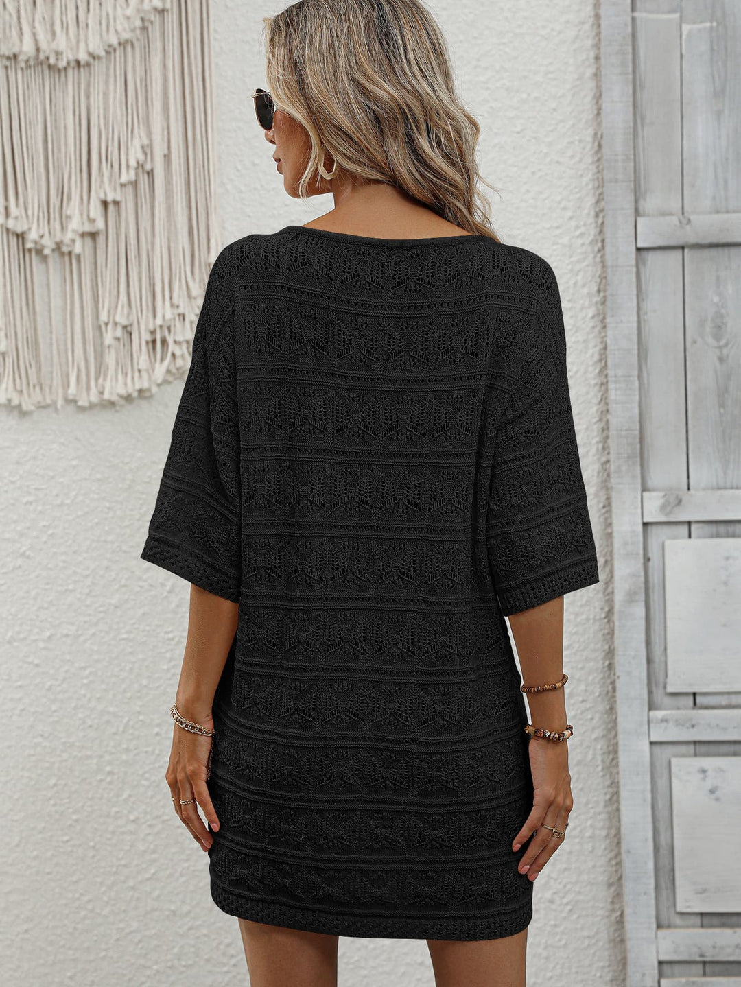 Openwork V-Neck Mini Knit Dress - Runway Frenzy 