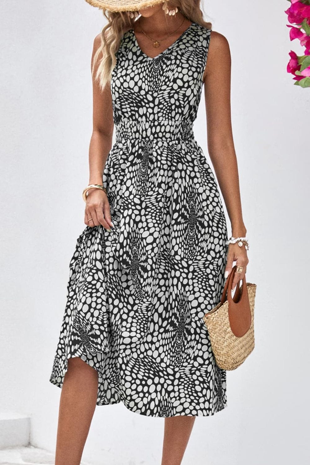 Printed V-Neck Sleeveless Dress - Runway Frenzy