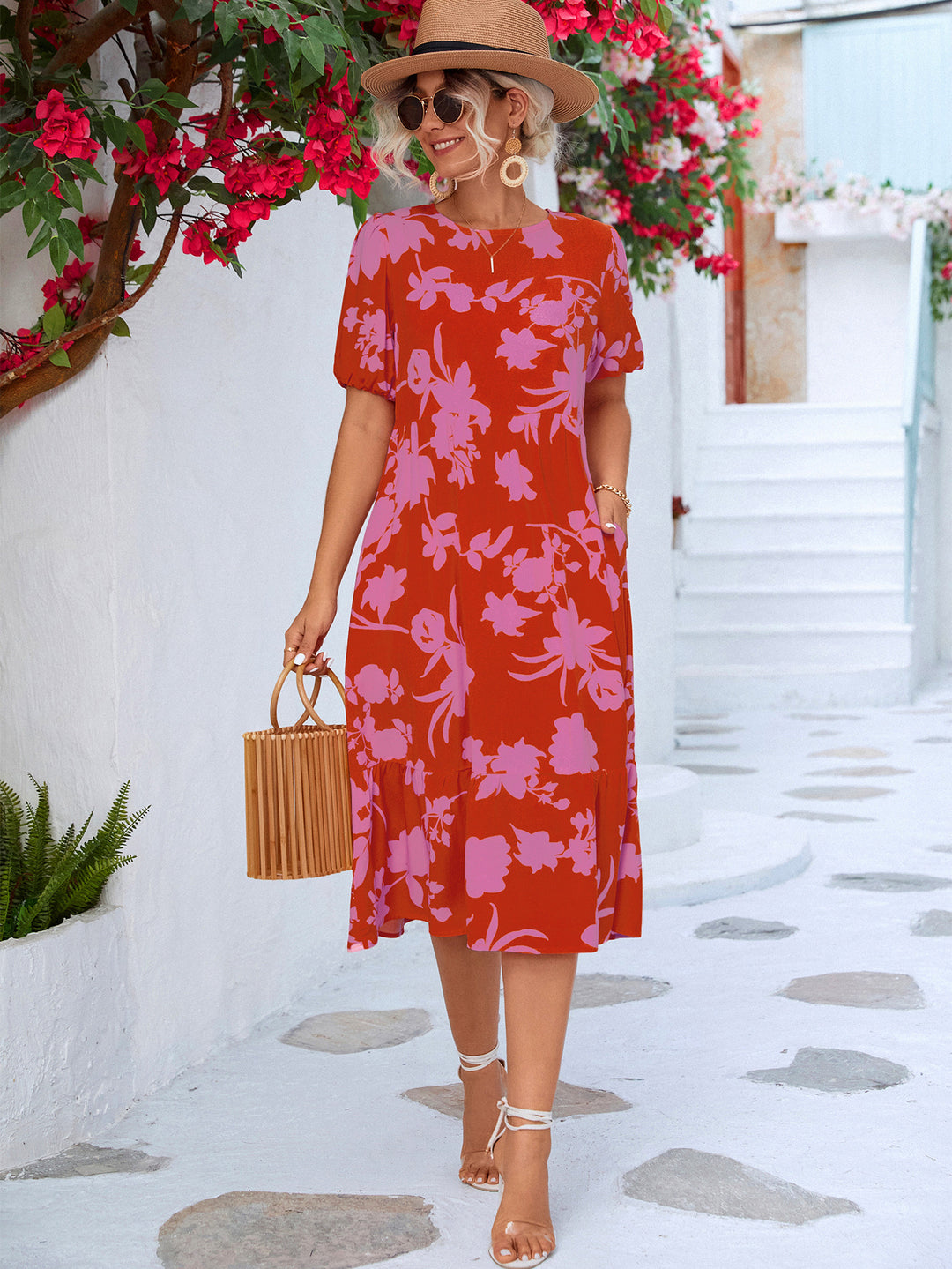 Floral Puff Sleeve Ruffle Hem Midi Dress - Runway Frenzy