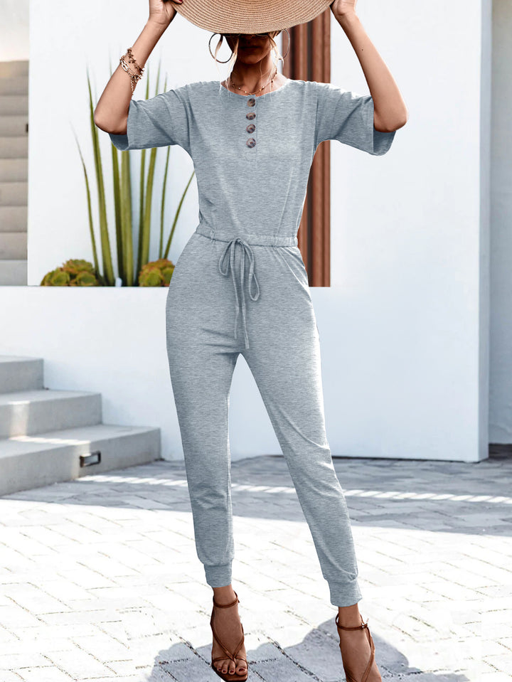 Buttoned Half Sleeve Round Neck Jumpsuit - Runway Frenzy