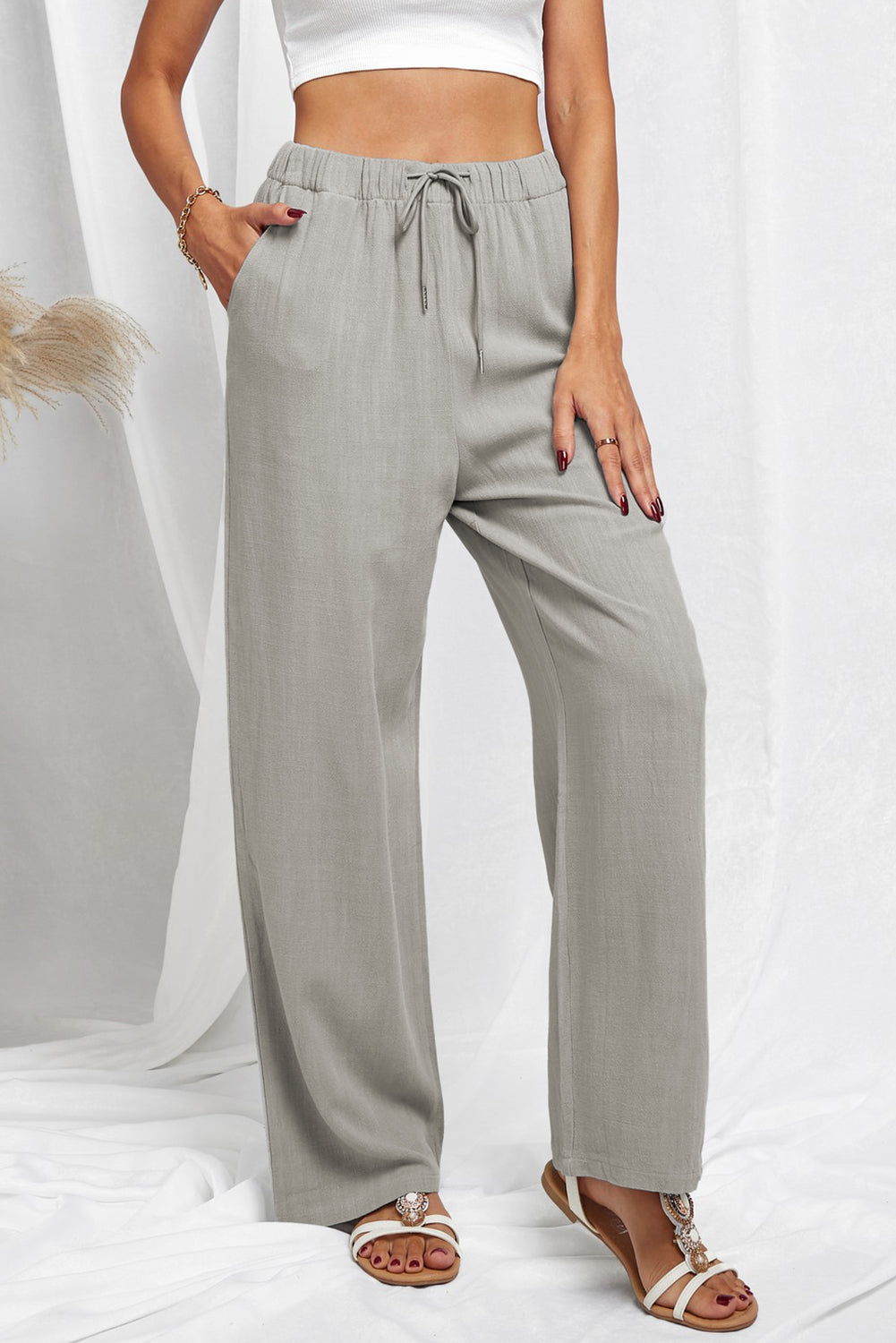 Drawstring Elastic Waist Pants with Pockets - Runway Frenzy