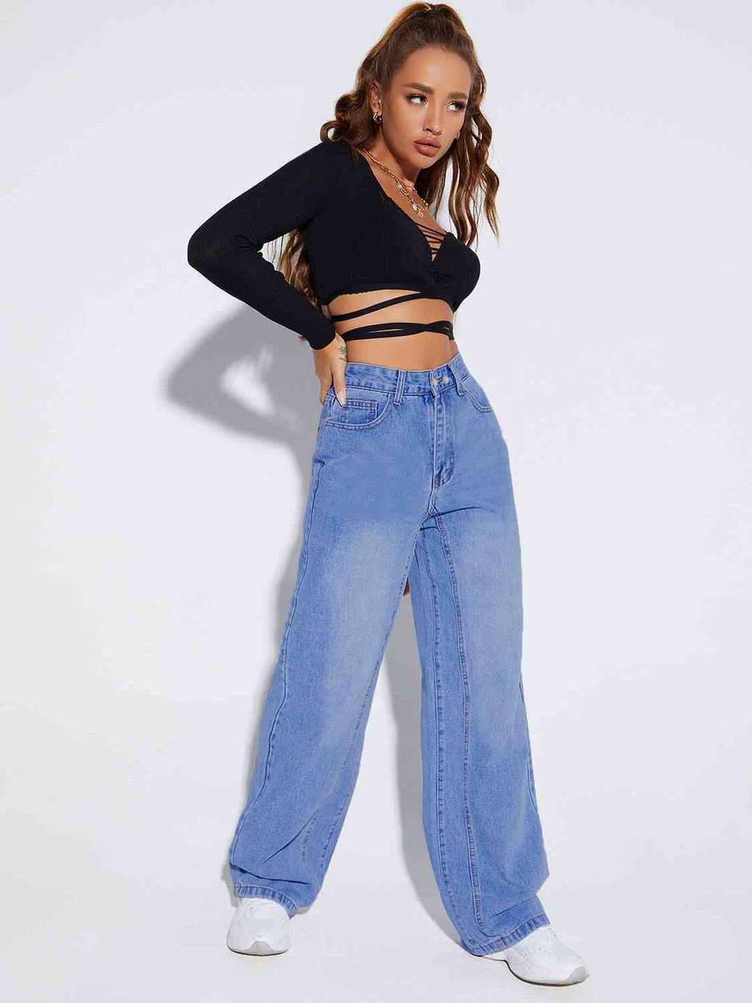 Buttoned Fly Long Jeans Trendsi