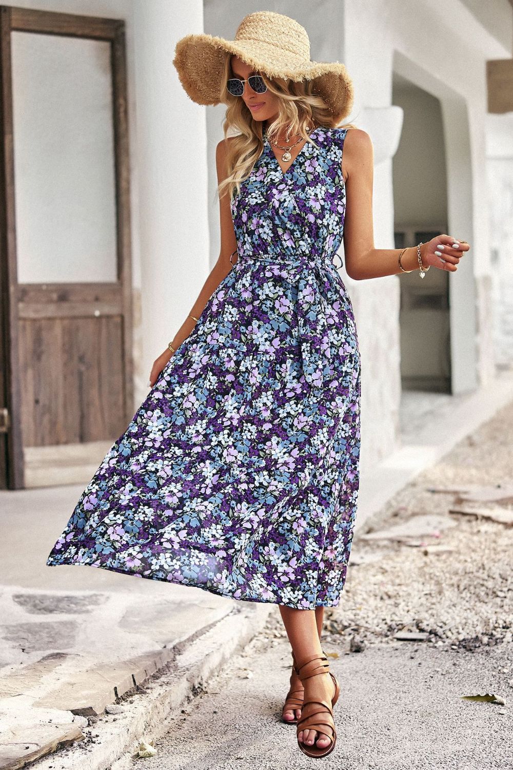 Floral Belted Surplice Sleeveless Tiered Dress - Runway Frenzy