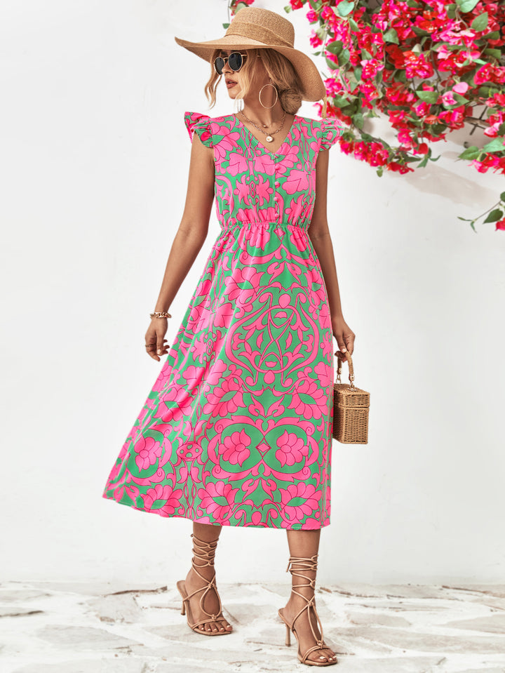 Floral V-Neck Cap Sleeve Dress - Runway Frenzy