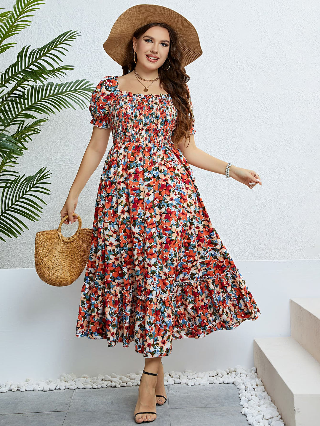 Plus Size Floral Smocked Square Neck Dress - Runway Frenzy 