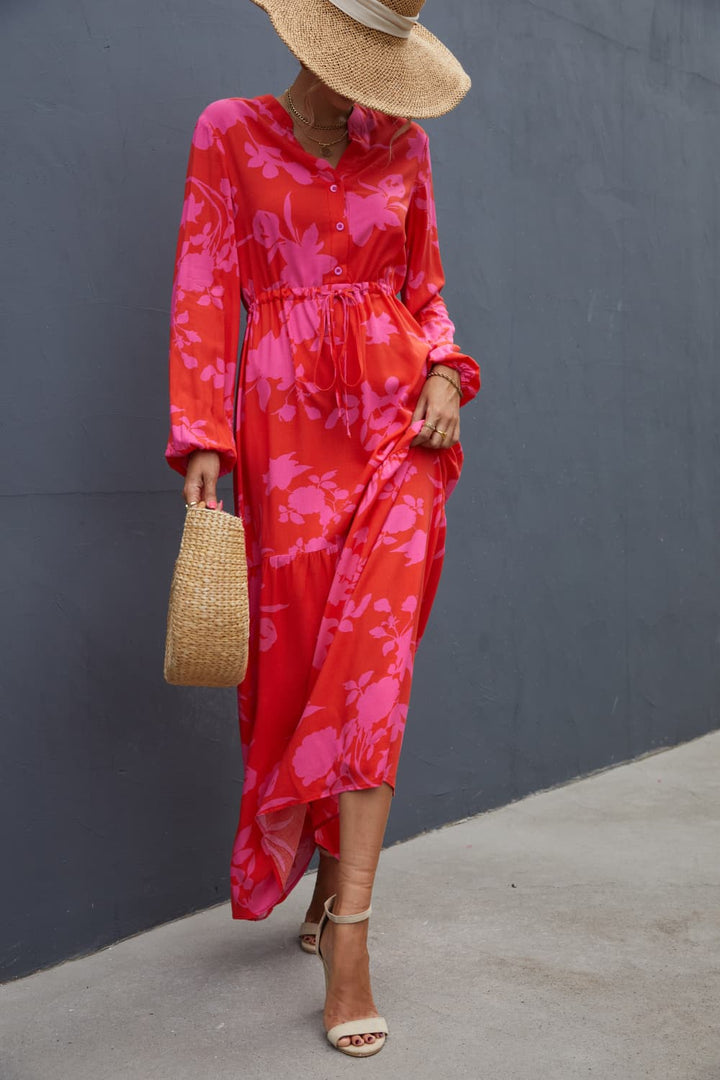 Floral Drawstring Waist Long Sleeve Dress - Runway Frenzy