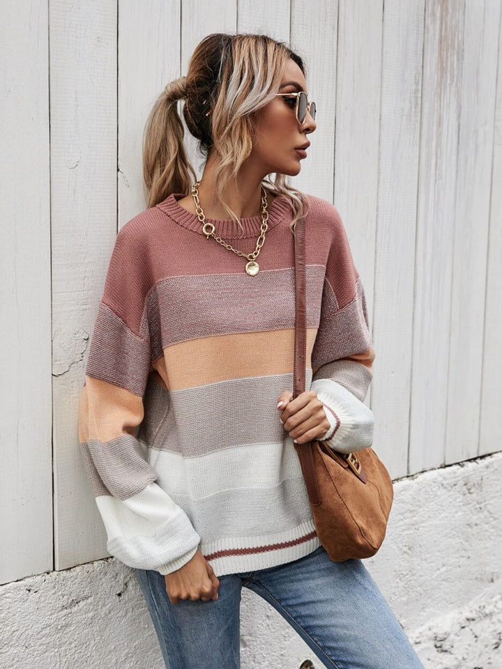 Striped Ribbed Trim Sweater - Runway Frenzy 