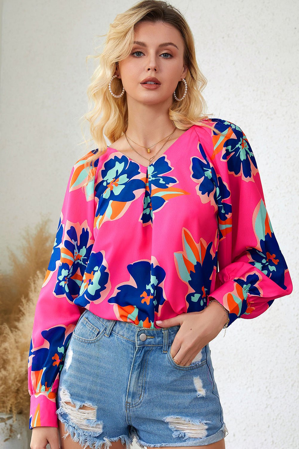 Floral Print V-Neck Lantern Sleeve Blouse - Runway Frenzy