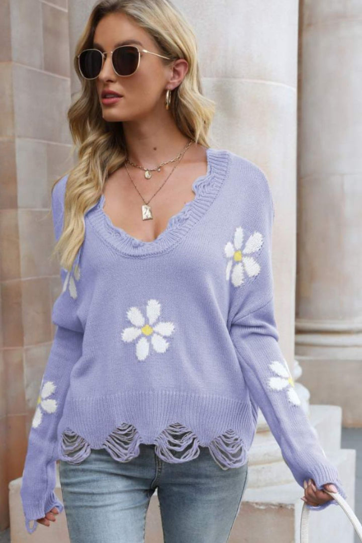 Flower Distressed Ribbed Trim Sweater - Runway Frenzy