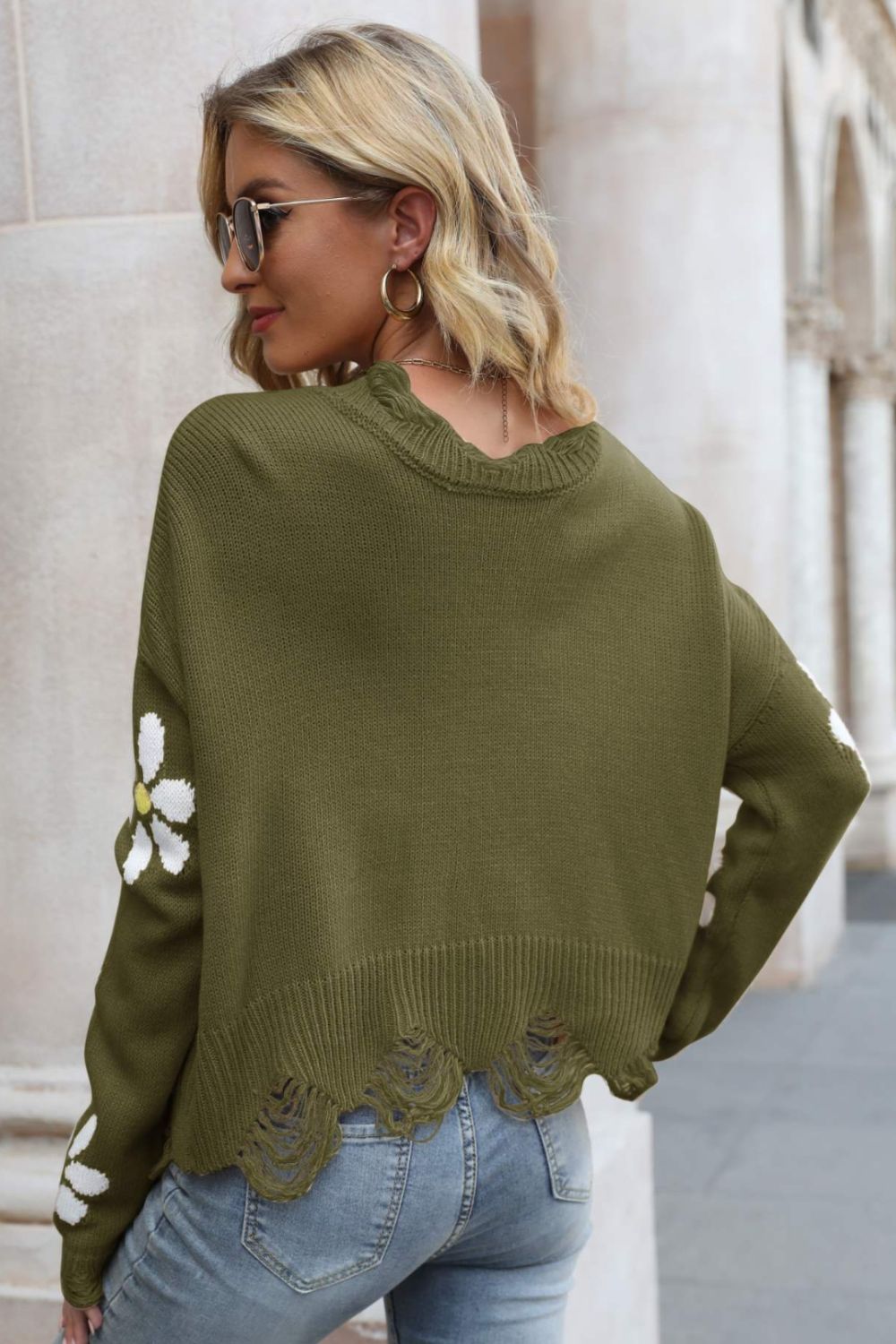 Flower Distressed Ribbed Trim Sweater - Runway Frenzy