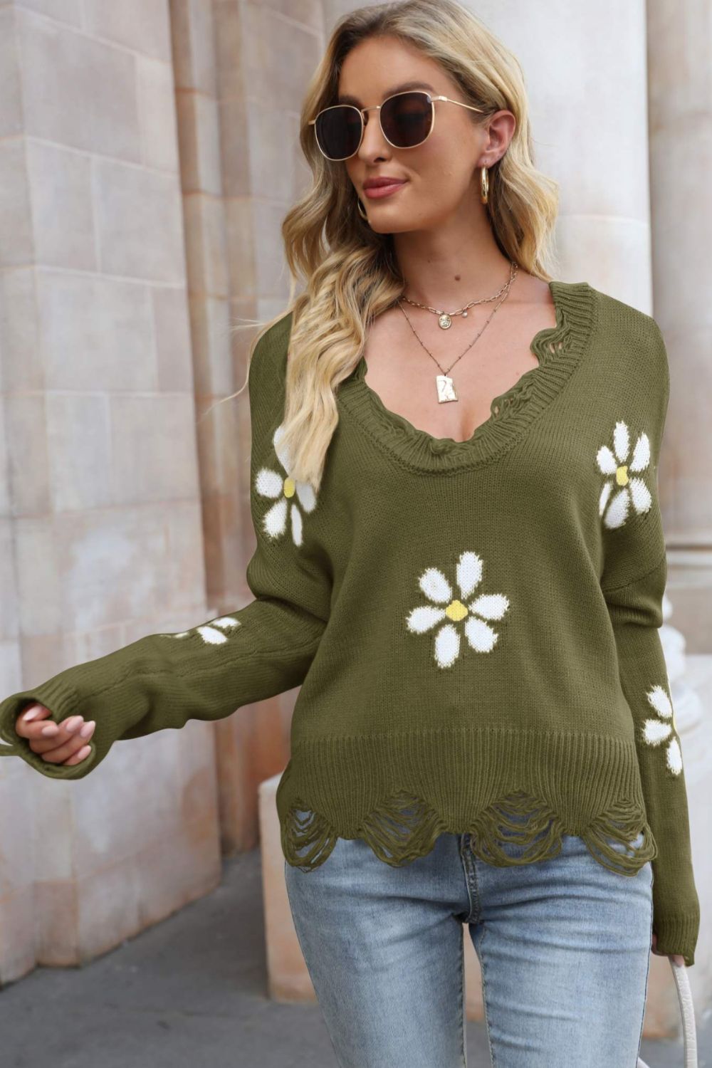 Flower Distressed Ribbed Trim Sweater - Runway Frenzy