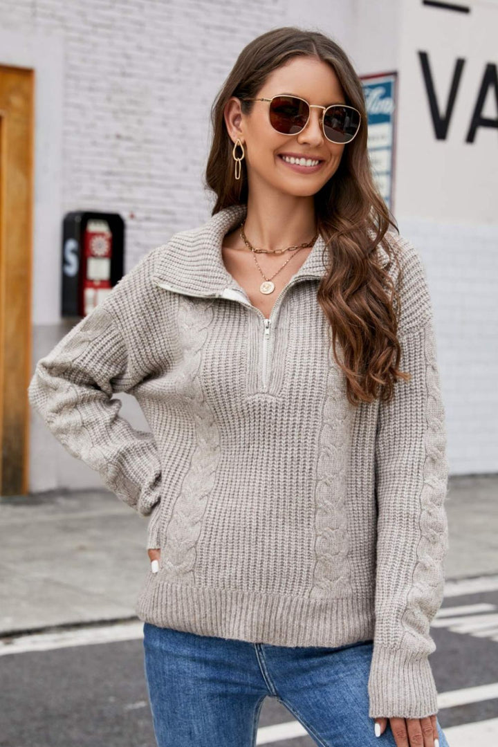 Half Zip Mixed Knit Collared Sweater - Runway Frenzy
