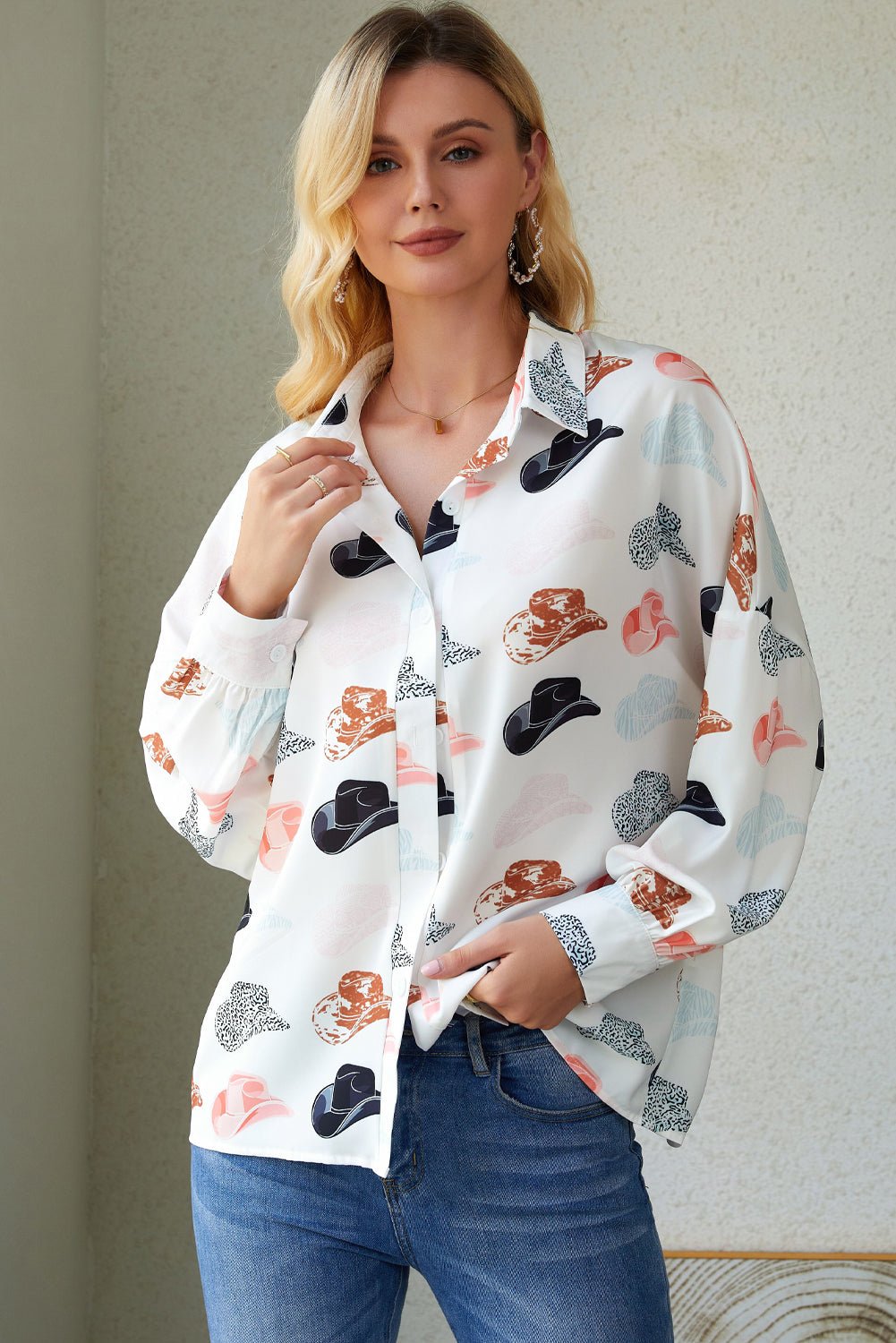 Hat Print Collared Neck Long Sleeve Shirt - Runway Frenzy