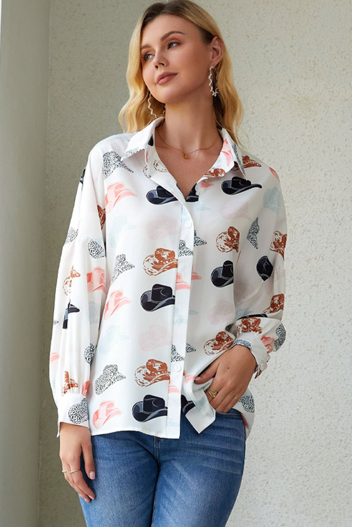 Hat Print Collared Neck Long Sleeve Shirt - Runway Frenzy