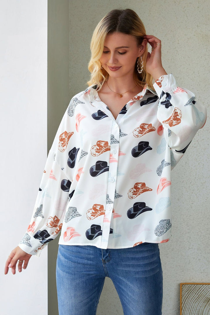 Hat Print Collared Neck Long Sleeve Shirt - Runway Frenzy