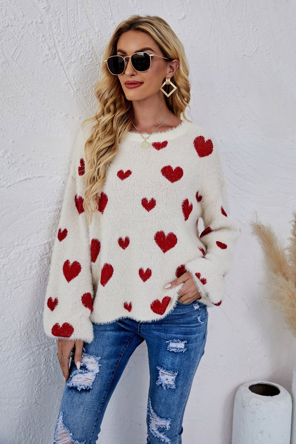 Heart Print Fuzzy Crewneck Long Sleeve Sweater - Runway Frenzy