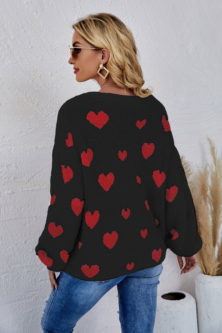 Heart Print Fuzzy Crewneck Long Sleeve Sweater - Runway Frenzy