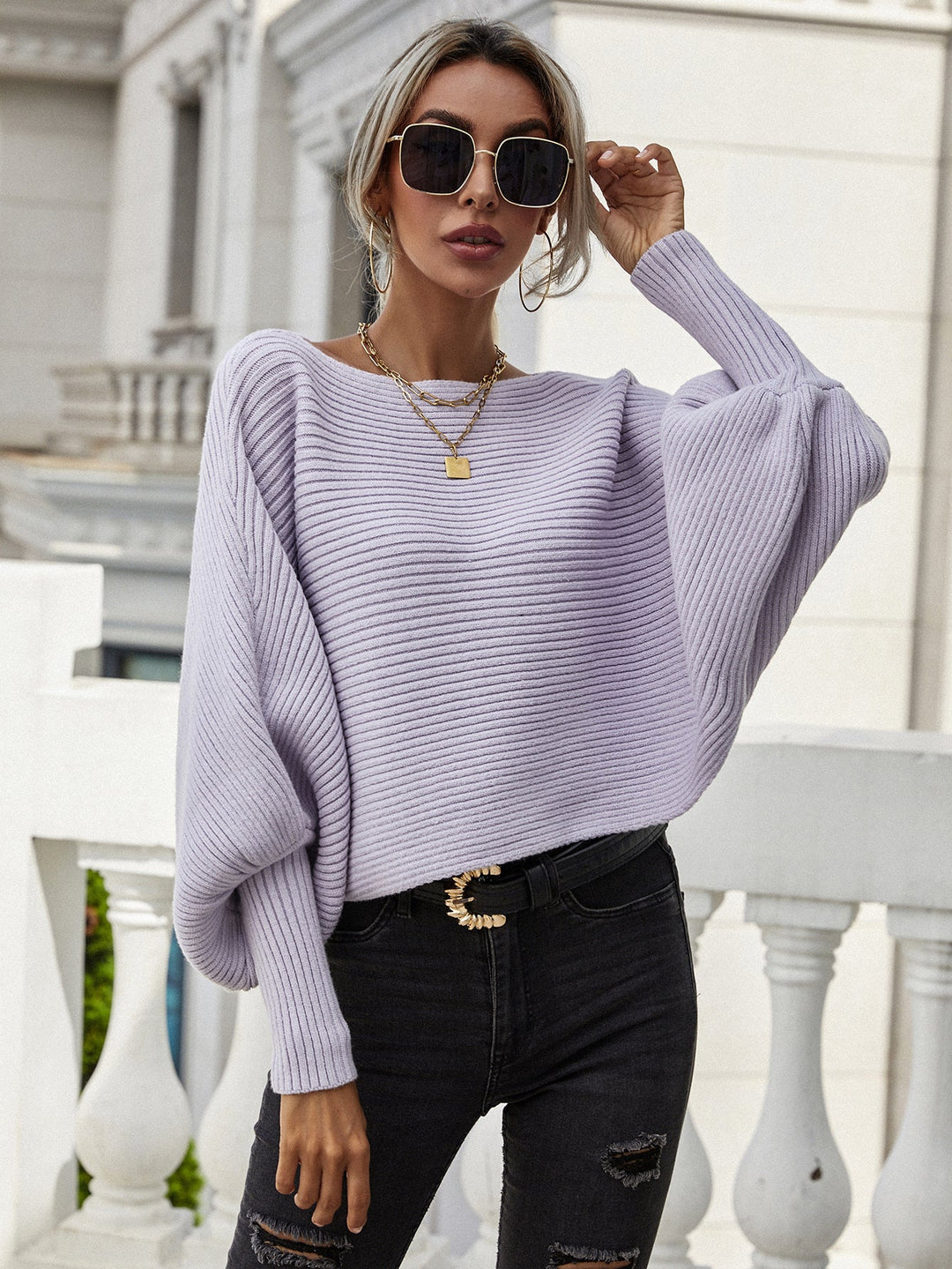 Horizontal Ribbing Dolman Sleeve Sweater - Runway Frenzy