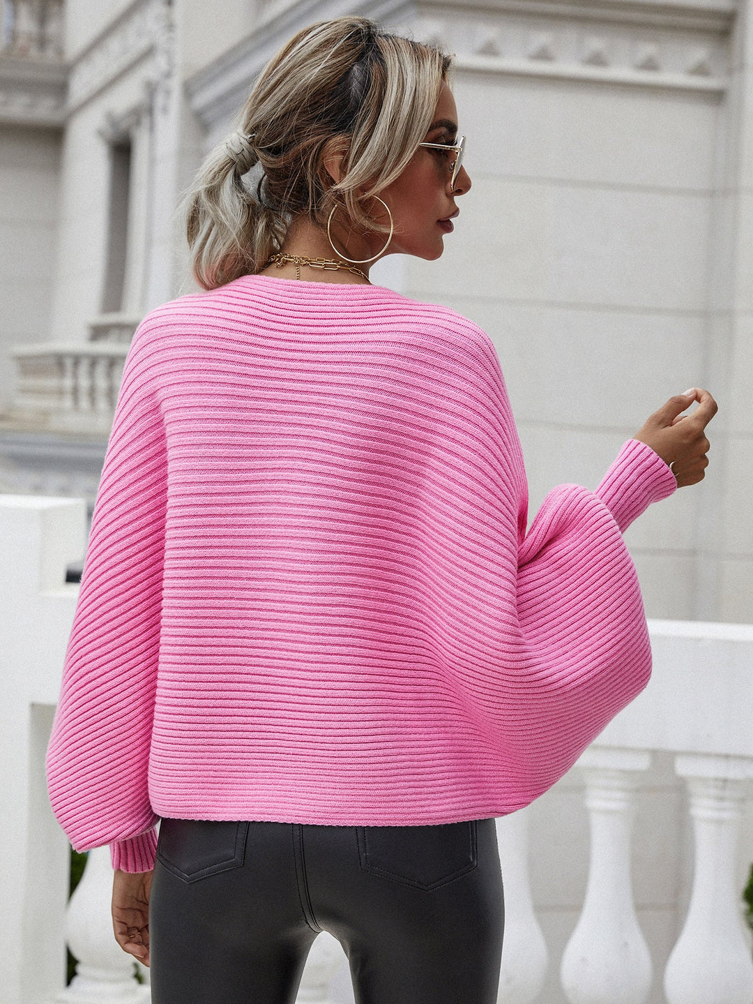 Horizontal Ribbing Dolman Sleeve Sweater - Runway Frenzy