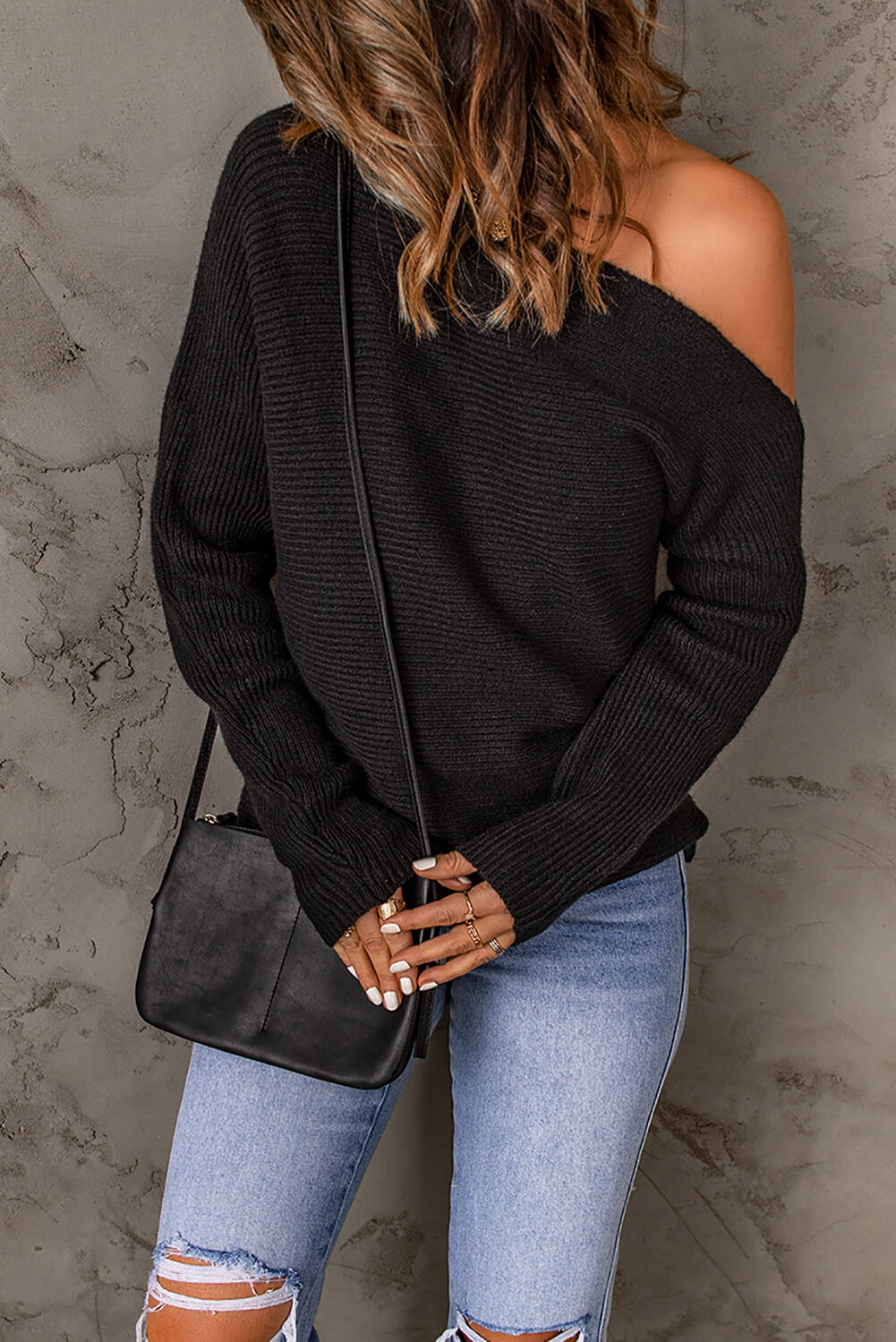 Horizontal Ribbing One-Shoulder Sweater - Runway Frenzy