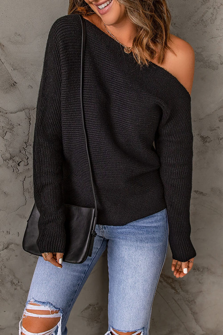 Horizontal Ribbing One-Shoulder Sweater - Runway Frenzy