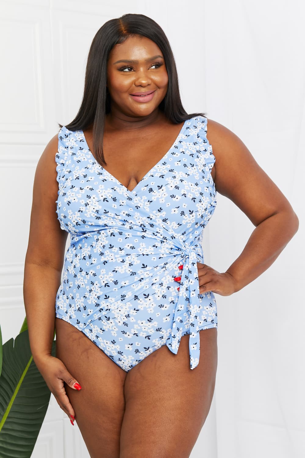 Marina West Swim Full Size Float On Ruffle Faux Wrap One-Piece in Blossom Blue - Runway Frenzy