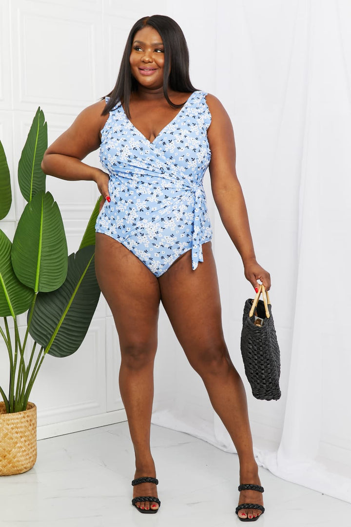 Marina West Swim Full Size Float On Ruffle Faux Wrap One-Piece in Blossom Blue - Runway Frenzy