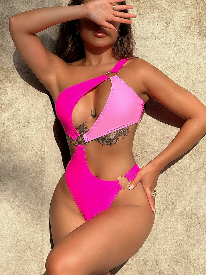 One-Shoulder Cutout Ring Detail One-Piece Swimsuit - Runway Frenzy