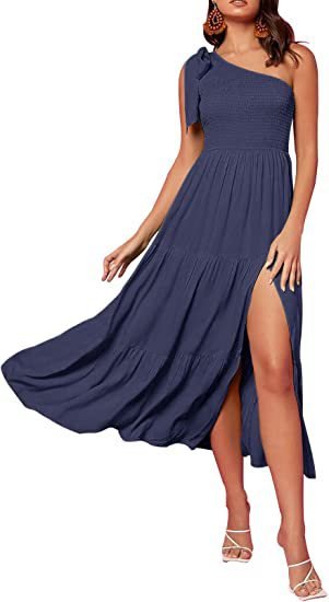 One-shoulder Pleated Layered Hem Split Dress - Runway Frenzy 