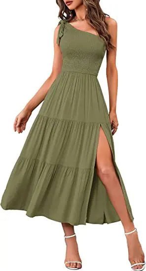 One-shoulder Pleated Layered Hem Split Dress - Image #10